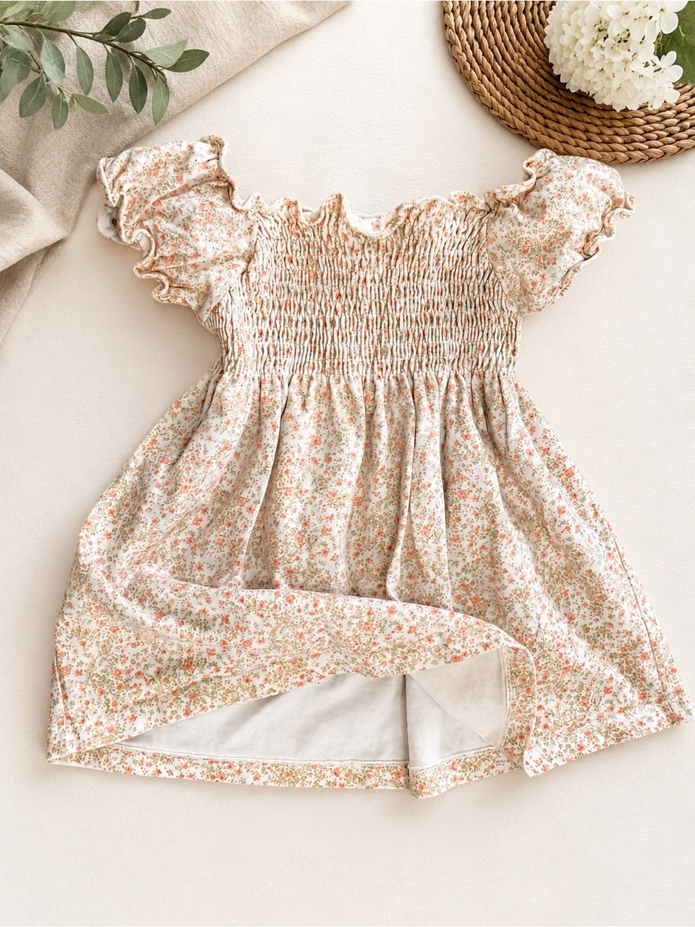 Smocked Flutter Sleeve Floral Dress - Peach & Cream